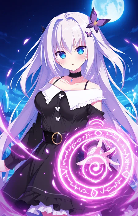 masterpiece, best quality, high quality, detailed, absurdres,newest, scenery, 1girl, solo, official style,best perspective,depth of field, very_aesthetic, best_quality ,high_resolusion, (8K:1.5),,crisp quality, ultra detailed,perfect anatomy,perfect lighting,anime screencap, perfect eyes,detailed eyes,<lora:Ran_Flip_Flop_V2_Illustrious:1>,1girl,Ran,Blue eyes,Long hair,white hair, Very long hair,hair between eyes,bangs,hair intakes,two side up,medium breasts,Casual Ran,dress,hair ornament,long sleeves,butterfly hair ornament,choker,collarbone,belt,off-shoulder dress,black dress,bare shoulders,frills,off shoulder,two side up,black choker,frilled dress,
1girl,serious expression,parted lips, necktie, upper body, outstretched arm,, v-shaped eyebrows, ice, serafuku, blue theme, floating hair, glowing, wind, crystal, standing, ripples, scenery, smile, serious, one hand up,(outstretched hand:1.3),magic,fantasy, <lora:WeaponSpellBindIL:0.8>
light rays,light particles,bloom, ,cloud,moon,glowing,dark blue theme,night,glowing eyes,floating,magic circle,casting a spell,spell bind,smoke,2DVFX, chanting spell, spiral, magic spiral around arm,cowboy shot,purple magic spiral,butterfly,(solo:1.3),(upper body:1.3),