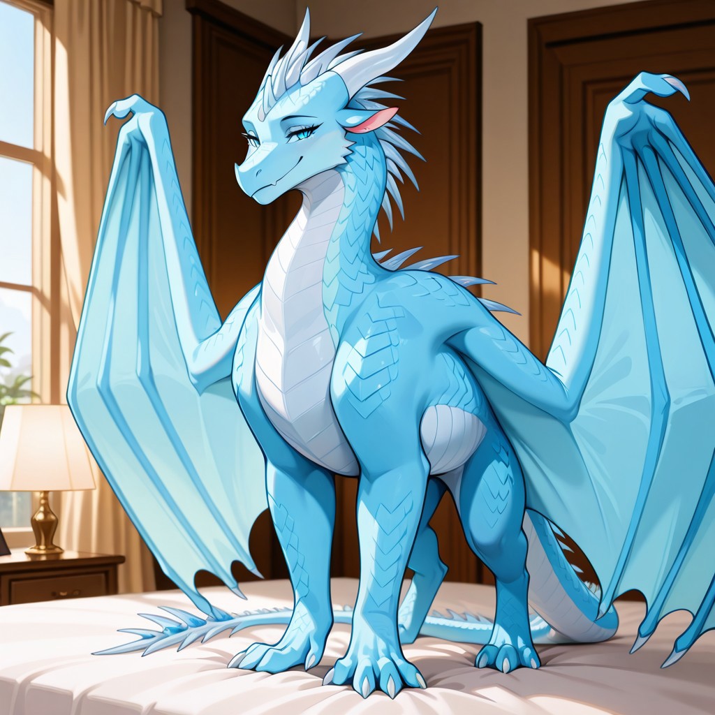 1girl, highres, absurdres, newest, masterpiece, best quality, furry, Icewing_wof, dragon, horns, claws, wings, tail, icewing spikes, white scales, tail spikes blue eyes, feral, quadruped, detailed eyes, on_bed, standing, luxurious detailed room, bright room, day scene, professional lighting, white bed, solo, furry_female, bedroom, smiling, seductive, looking_at_viewer, masterpiece, close up, safe