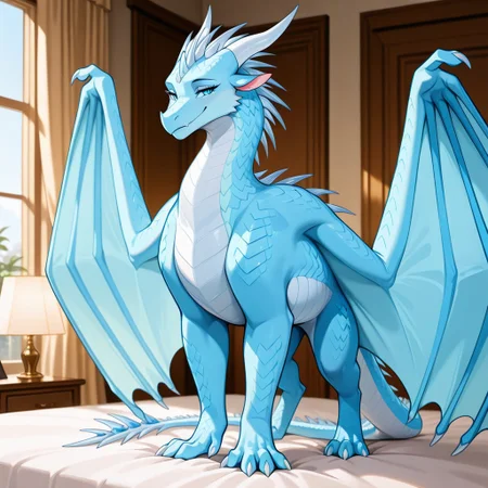 1girl, highres, absurdres, newest, masterpiece, best quality, furry, Icewing_wof, dragon, horns, claws, wings, tail, icewing spikes, white scales, tail spikes blue eyes, feral, quadruped, detailed eyes, on_bed, standing, luxurious detailed room, bright room, day scene, professional lighting, white bed, solo, furry_female, bedroom, smiling, seductive, looking_at_viewer, masterpiece, close up, safe
