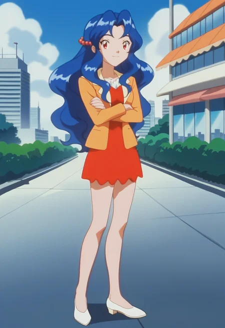 score_9, score_8_up, score_7_up, score_6_up, anime screencap, anime coloring, 1girl, solo, <lora:PMSensationalSisters_epoch_10:0.8>, PMViolet, blue hair, long hair, wavy hair, hair bobbles, red eyes,
orange jacket, red short dress, white shoes,
smile, looking at viewer, crossed arms, 
BREAK outdoors, cafe, day, sunbeam, city,