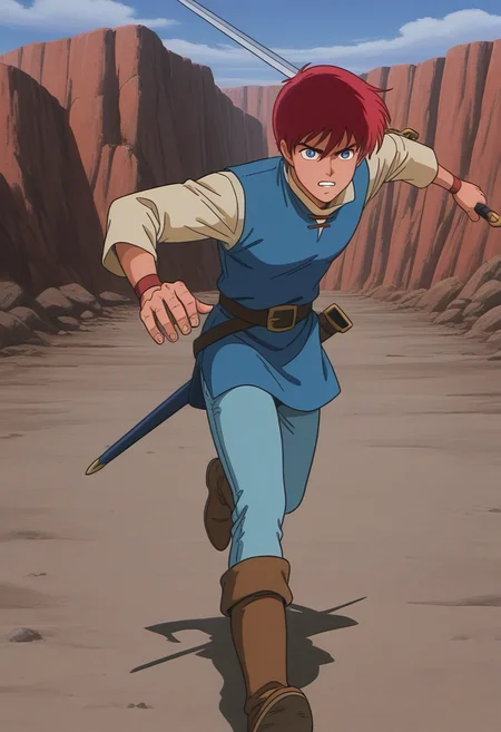 1boy, solo, adolysiova, red hair, short hair, blue eyes, shirt, long sleeves, high collar, tunic, belt, pants, wristbands, boots, outdoors, quarry, running, holding sword, serious, clenched teeth,