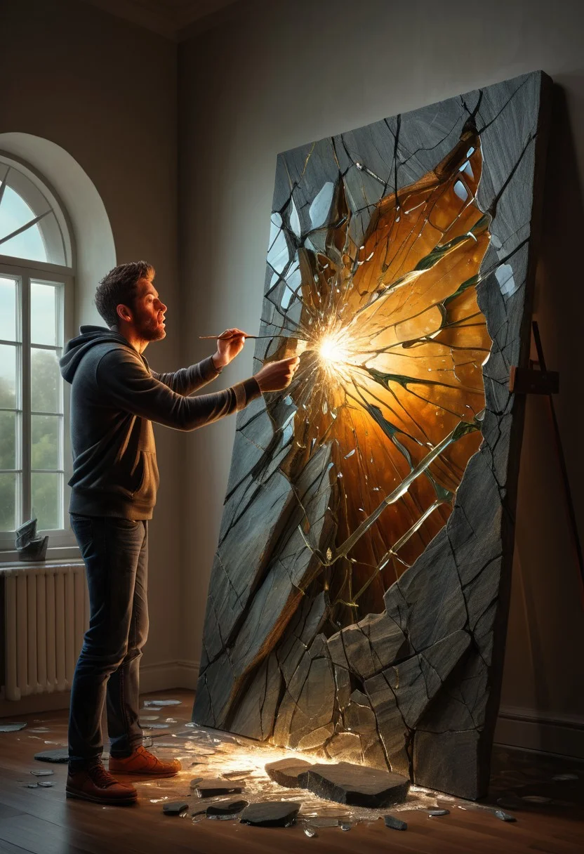 (ultra high res:1.4), (masterpiece:1.4), (dslr:1.4), (8k:1.4), (beautiful lighting:1.4), a man that is standing in front of a painting, a hyperrealistic painting, inspired by Sam Spratt, shutterstock contest winner, shock art, man carving himself out of stone, cracking glass through reality, art in an absurdist style, devouring