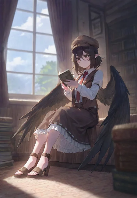 void 0, sushispin, modare , gyoukan \(jfxc\), touhou, shameimaru aya, shameimaru aya \(newsboy\), 1girl, bird wings, book, brown eyes, brown footwear, brown hair, brown hat, brown skirt, brown vest, brown wings, cabbie hat, closed mouth, curtains, feathered wings, flat cap, frilled skirt, frilled vest, frills, full body, glasses, hat, high heels, holding, holding book, indoors, long sleeves, pointy ears, reading, round eyewear, sandals, shirt, skirt, solo, stiletto heels, toes, vest, white shirt, window, wings