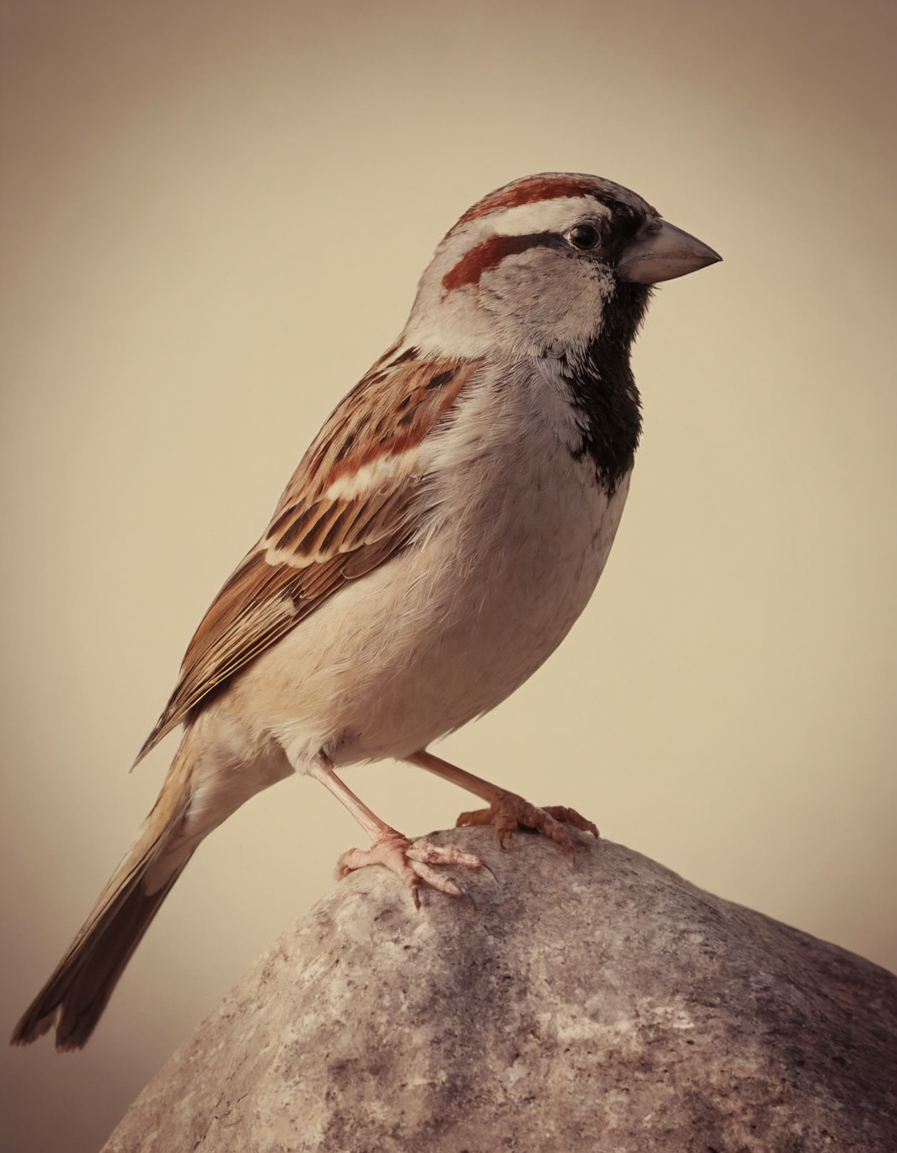 A house sparrow perched attentively on a rock with a neutral beige background, displaying its intricate plumage detail. Dramatic unusual scene. Beauty world. Retro filter and vintage style. Instagram toning effect, breathtaking photograph.