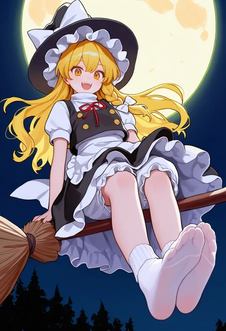 (ningenmame:0.95),(ciloranko:0.95),(shosho_lwlw:0.95),(tianliang_duohe_fangdongye, as109:0.9), 1girl, solo, kirisame marisa, touhou, blonde hair, long hair, braided sidelock, yellow eyes, witch hat, hat bow, white bow, black tabard, white turtleneck sweater, neck ribbon, red ribbon, black skirt, white bloomers, broom riding, foot focus, foreshortening, soles, :d, night, full moon, darkness, treetops, best quality, amazing quality, very aesthetic, absurdres,( see-through socks), toes