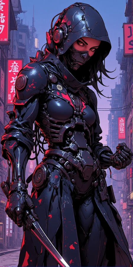 amazing cyberpunk anime artwork, thin lines, sharp, cyborg girl as ninja assassin wearing black and red robotic body suit lurking in the shadows of cyberpunk city under neon lights<lora:BLUE_mk4_angel_FLUX_03:1.3> <lora:CPA:1> <lora:FLUXEvolyzedV1:1>