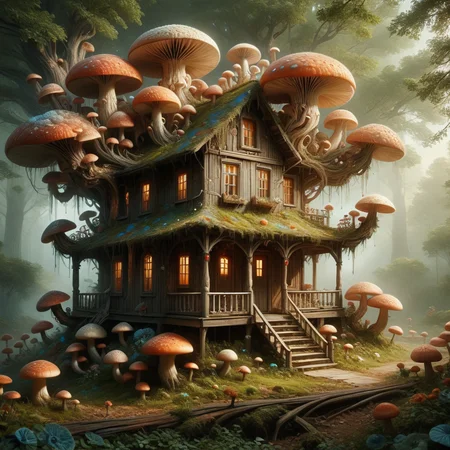 <lora:Fungal_World_Morph_V2:1>fungal_world, a nice house in the countryside