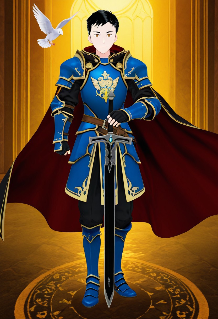 harmard, black hair, short hair, brown eyes, 1boy, solo, solo focus, young, youthful, he is dressed in a suit of dark iron platemail. Break. he is holding up a black coloured sword. Properly holding the sword by the hilt, his armour bears a crest of a yellow dove. fantasy armour. stylized silver dove emblems and symbols on armour and sheild. Break. epic background is a a beautiful palace. a strong wind is blowing his cape, blue armour