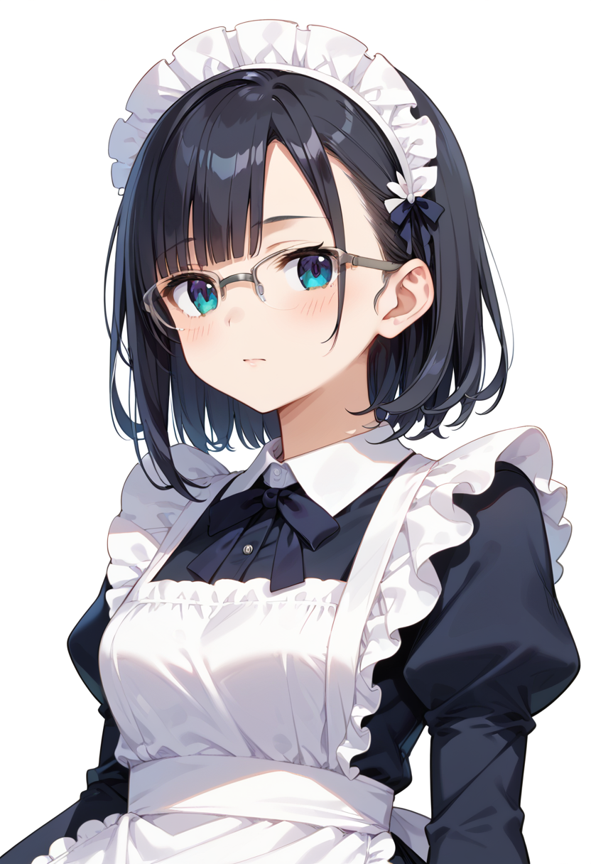 score_9, score_8_up, score_7_up, rating_safe, masterpiece, best quality, absurdres, unity 8k wallpaper, official art, official style, source_anime, uncensored, game cg, megami magazine,
1girl, solo, black hair, medium hair, upper body, covered eyes,maid, maid headdress, black dress, maid apron, face focus,
halfrim22A,  still life, white background, simple background, grey-framed eyewear,
 <lora:glasses_halfrim22A_PONY_V1:1>