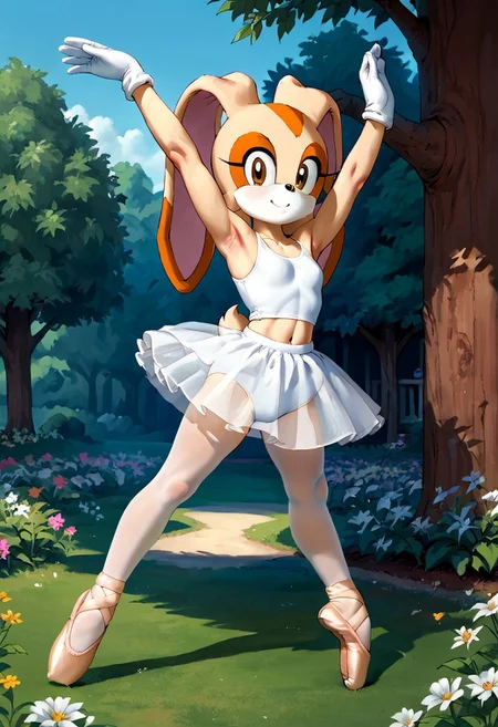 score_9, score_8_up, score_7_up, source_anime, BREAK <lora:Cream The Rabbit PONYXL:1> Cream The Rabbit, (white leotard:1.1), (white tutu:1.1), (layered skirt:0.9), (see-through skirt:0.3), (wind lift:0.5), white pantyhose, (white gloves:1.1), sleeveless, <lora:Varos_-_Ballet_Pointe_Shoes:0.8> p01n73-5h035, narrow waist, (tiptoes:1.2), arched back, (standing on one leg:1.2), (leg up:1.1), hands above head, own hands together, stretching, flexible, balancing, plantar flexion, ballerina, (dancing ballet), smile, looking at viewer, 1girl, solo, full body, (from below:0.8), (cozy cottage:1.3), lush garden, outdoors, blue sky, flowers, grass