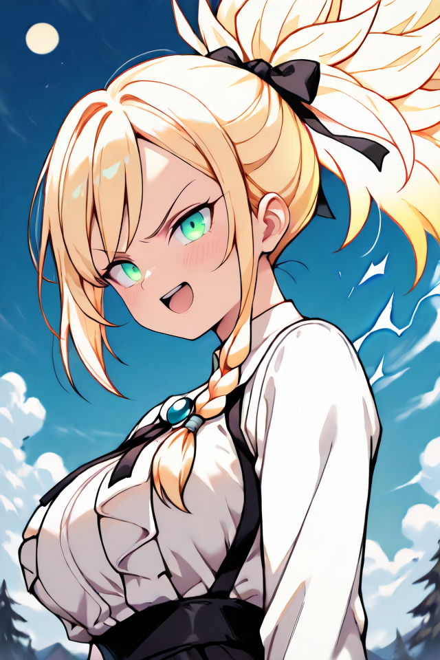 PonyScores, Expressiveh, score_9, score_8_up, score_7_up, 1girl, source_anime, rating_explicit, (Alina Clover), (green eyes), standing, long hair, hair ribbon, braid, frilled shirt, white shirt, long sleeves, black bow, high-waist skirt, black skirt, white socks, 
 (big breasts), masterpiece, best quality, good quality, newest, best resolution, 8K, holographic colors, uncensored, ambient occlusion, raytracing, soft lighting, absolutely eye-catching, intricate cinematic background, (sexy, slutty, seductive), colored skin, tilted head, (intense colors:1.2), (gentle, very delicate:1.1), ethereal hair, looking at viewer, fascinated, light blush, upper body, seductive smile, <lora:AlinaCloverIllustriousApexAi:1>, detailed hands, detailed eyes, close-up, blushing, shy expression, slim body, detailed hand, Highly detailed, detailed skin, realistic body, natural light, natural shadows, depth of field, Detailed, Extremely Detailed, 32k, (electrokinesis), (electricity), standing, looking at you, seductive smile, outdoors, sexy, full lips, (golden electricity), (glowing electricity), backlighting, blue sky, day, sun, wind, trees, clouds, moon, night, fog, (detailed eyes), (detailed face), (detailed background), (portrait), detailed landscape, (perfect lighting), (best quality), horizon, (light particles), glowing eyes, anime, (perfect female body), (beautiful eyes and face), (upper body), alternate form, toned female, slender,bare shoulders, thigh highs, ponytail, dynamic character design, detailed lips, ((focus eyes)), ((eyes focus)), (ahhhhhhhhh), (open mouth), (scream, shout), (angry), breasts, <lora:Expressive_H:1>, Expressive, powerful, energetic, vibrant, ultra detail, fire, (golden aura), (spiked hair), (super saiyan), (((super saiyan 3))), (fiery aura), (aura), perfect eyes, energy, electricity, (blue electricity), (energy charging posture), ((charging aura)), ((sparkling aura)), <lora:aura_v2_beta2:1>, 32k,<lora:CharacterDesignIllustrious_Concept:0.7>, ((blonde hair)), shiny, <lora:SuperSaiyanHair_pdxl_Incrs_v1:1>, fists, ((flying in the ski)), from below, (glowing hair:1.4), (floating hair1.5), (from_side), (from_below),