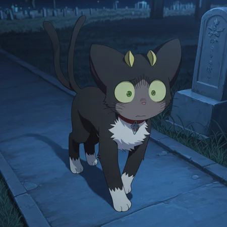 2d, 1boy, solo, Kuro, male, feral, feline, cat, animal ears, cat ears, black fur, small yellow horns, pale green sclera, green eyes, pink nose, white fur, whiskers, white chest fur, two tails, white paws, red collar
BREAK outside, cemetery, looking around, sad, night, walking
BREAK best quality, amazing quality, very aesthetic, absurdres, newest, masterpiece