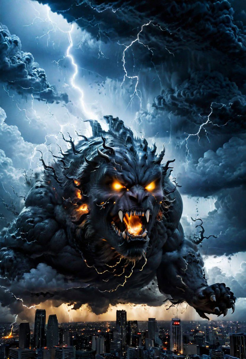 black clouds, rain, lightening, dark, night, ( beast appears from the rolling cloud), The beasts looks down as he towers above the city below,  nightmare