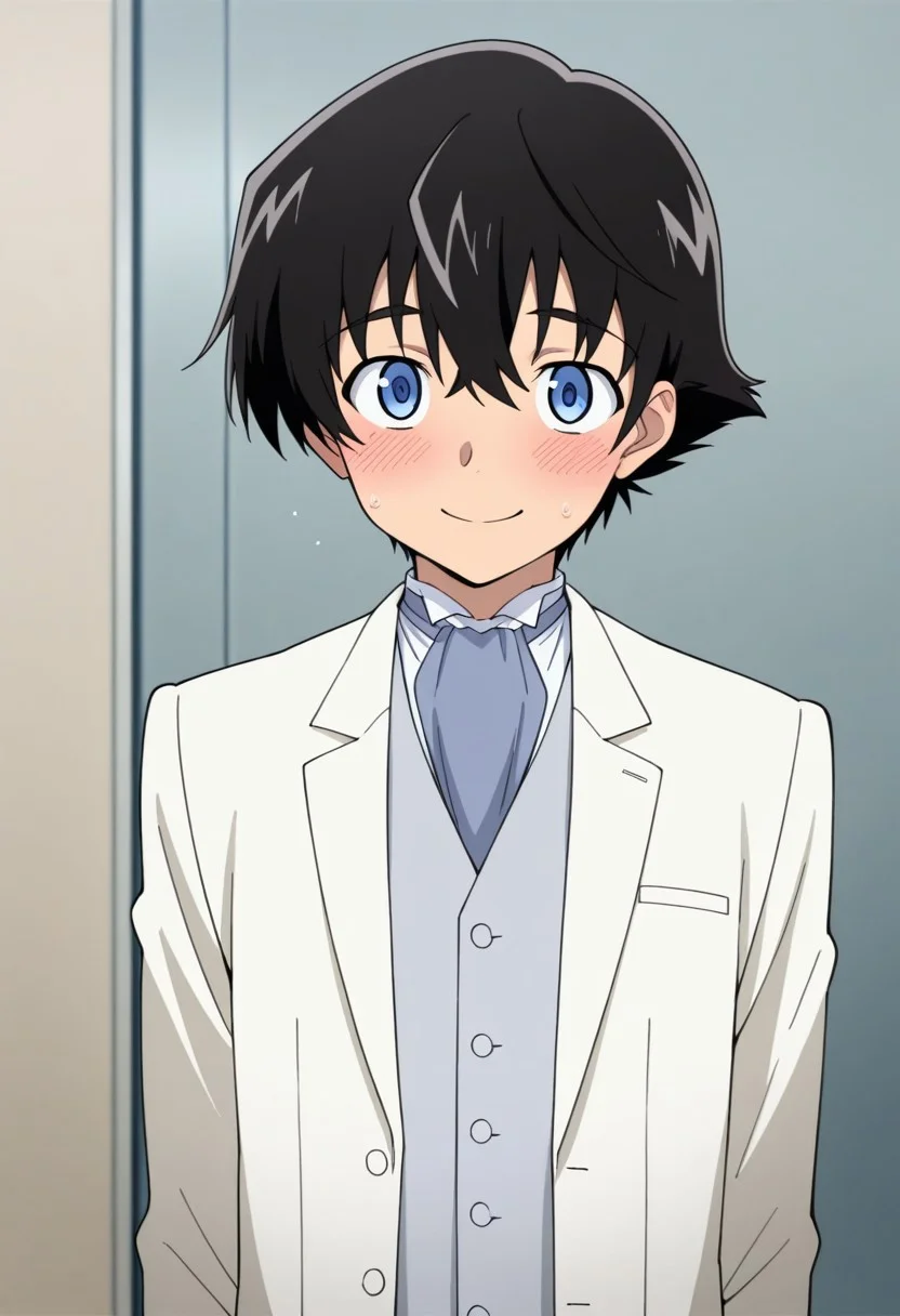 masterpiece,best quality,amazing quality, source_anime,
YukiteruAmano, 1boy, male focus, solo, blue eyes, black hair, blue ascot, grey vest, white jacket, open jacket, smile, blush,