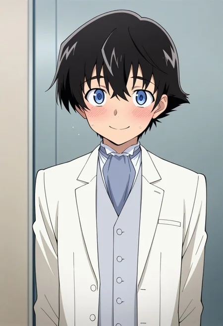 masterpiece,best quality,amazing quality, source_anime,
YukiteruAmano, 1boy, male focus, solo, blue eyes, black hair, blue ascot, grey vest, white jacket, open jacket, smile, blush,