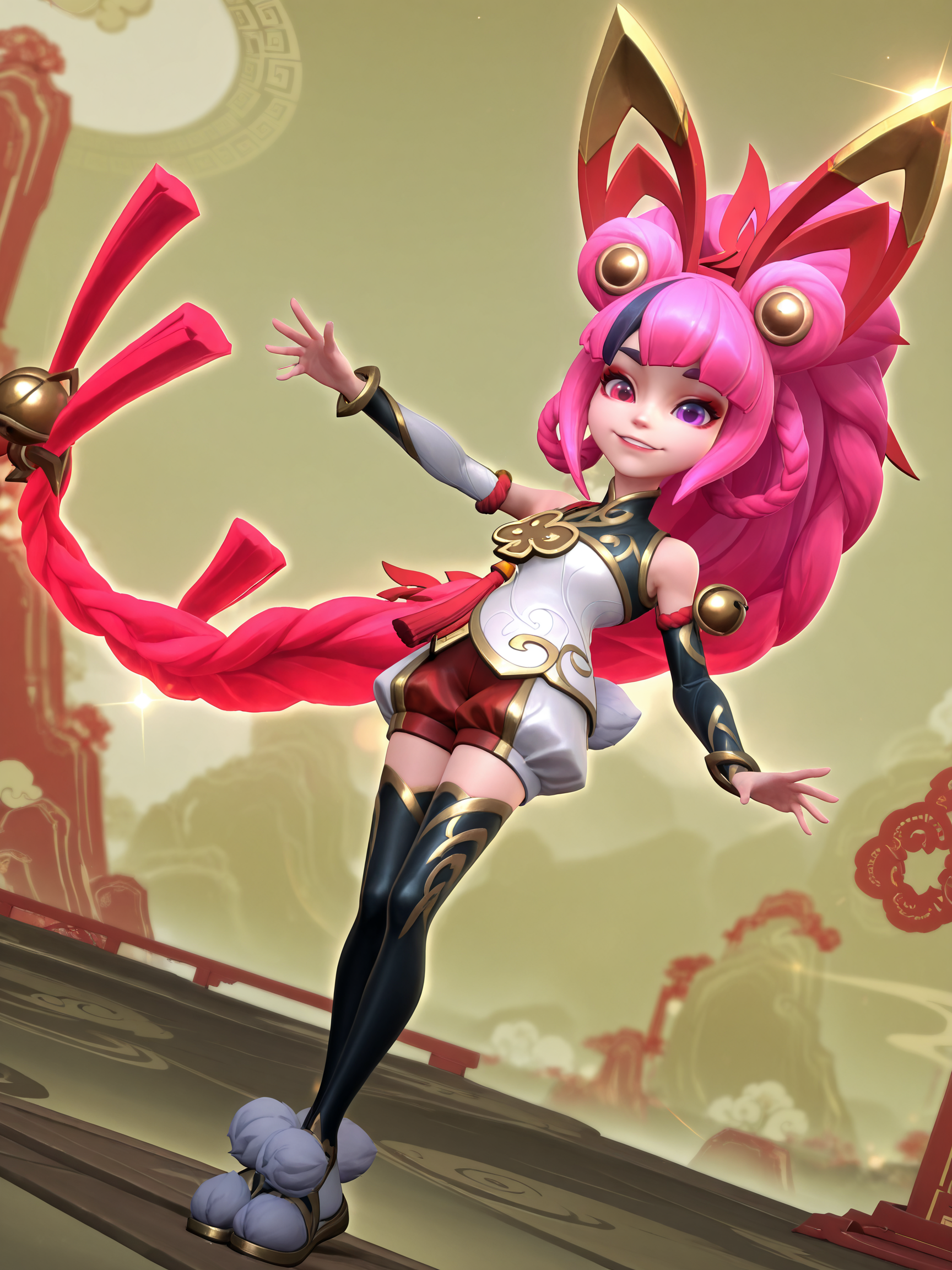<lora:OMS_WR_Zoe-15:1> 3d, render, league of legends, omsmythmzoe, 1girl, heterochromia, purple eye, red eye, long hair, braids, twintails, pink hair, bunny, hair accessories, arm sleeve, jingle bell, head accessories, chinese attire, sleeveless, puffy shorts, scarf, bracelets, thighhighs, fluffy footwear,
looking at viewer, happy,
amazing quality,very aesthetic,absurdres,newest, BREAK depth of field, blurry background, dutch angle, dynamic angle, white outline, lens flare, 
outdoors, dynamic pose,