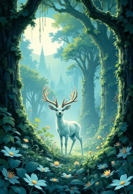 aidmaimageupgrader, manga illustrations, anime, ukiyo-e, ink block print, small, ethereal deer with faintly glowing antlers and soft, transparent features, cel shading, lush plants with glowing bioluminescent flowers, soft moon light filtering through ancient trees, gentle blue and green tones, mist rising in the background around towering moss-covered trees, vintage forest elements mixed with magical energy, soft ethereal glow, digital ink block effect, flat colors with gradients of cool greens and blues, limited color palette of earthy forest hues, watercolor wash with delicate fades, parts blending with mist as if washed away, hatching, pencil shading, chiaroscuro, soft blurred edges, mystical atmosphere, mythological landscape, glowing cool tones, misty, enchanted air, gentle light rays piercing through leaves, timeless and dreamlike.