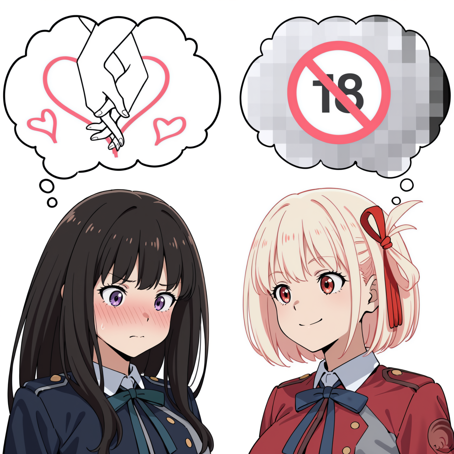 shpynamic, thought bubble, simple background, 2girls, white background, upper body,
BREAK
1girl, inoue takina, black hair, purple eyes, lycoris uniform, blush, heart, embarrassed, interlocked fingers,
BREAK
1girl, nishikigi chisato, blonde hair, red eyes, lycoris school uniform, smile, mosaic censoring, expressionless,
<lora:another_ship_dynamic_i_enjoy_meme-08-NOOB-EPS1.1:1.2>