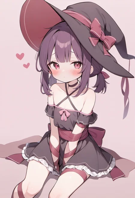 masterpiece, best quality, rating: general, newest, <lora:Fallenshadow_SDXL:0.8>, Fallenshadow, criss-cross halter, solo, petite, black dress, witch hat, leg ribbon, halterneck, waist bow, sleeves past wrists, blush, frills, pink background, sleeves past fingers, plaid background, bare shoulders, sitting, looking at viewer, frilled dress, alternate costume, short dress, short twintails, arm ribbon, food-themed clothes, twintails, heart, witch, off shoulder, large hat, hand between legs, between legs