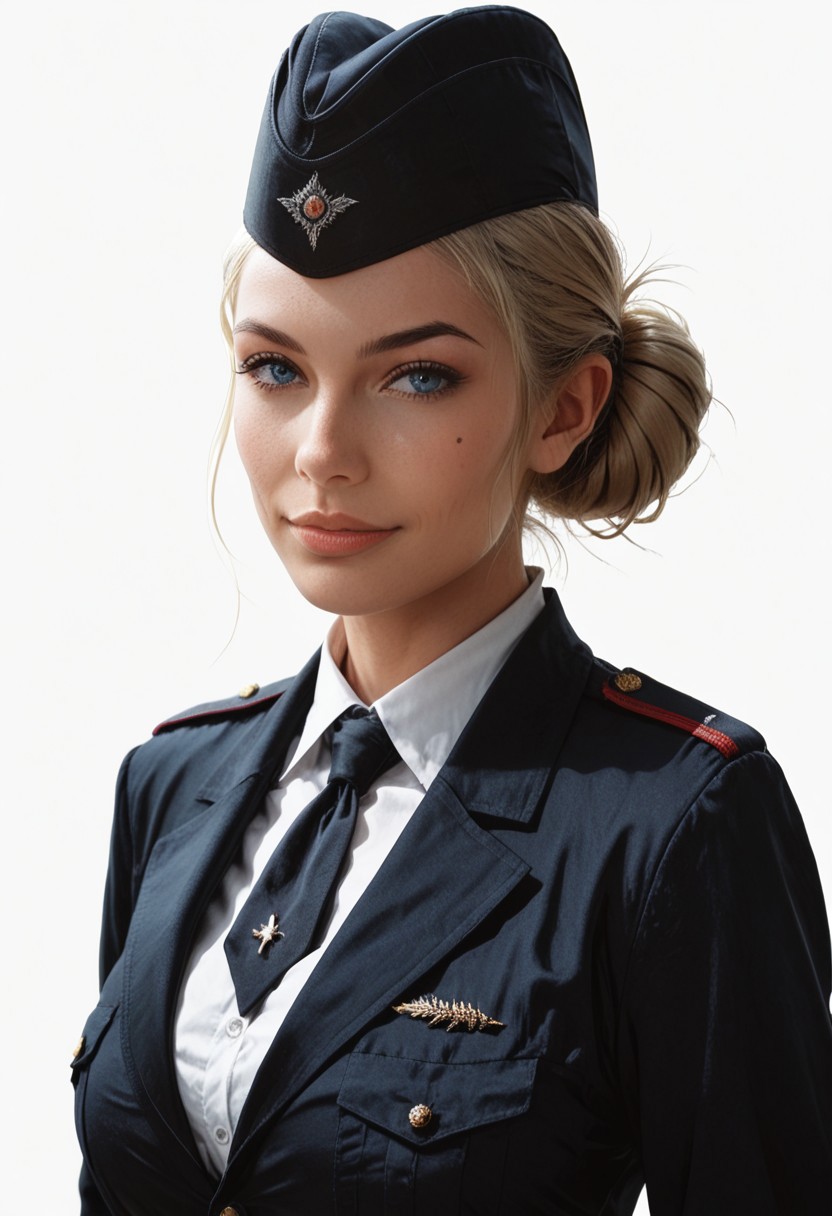 score_9, score_8_up, score_7_up, score_6_up, raw, realistic, hyperrealistic, concept art, sinfully stylish, dramatic lighting, shadows, soft light,, Expressiveh, masterpiece, high quality, (best quality:1.1), ksenia_naievna, 1girl, solo, blonde hair, blue eyes, military uniform, garrison cap, single hair bun, aiguillette, white shirt, looking at viewer, black necktie, upper body, collared shirt, white background, black military uniform jacket, upper body, low resolution, blurred, smile, parted lips, turning to the side, black garrison cap