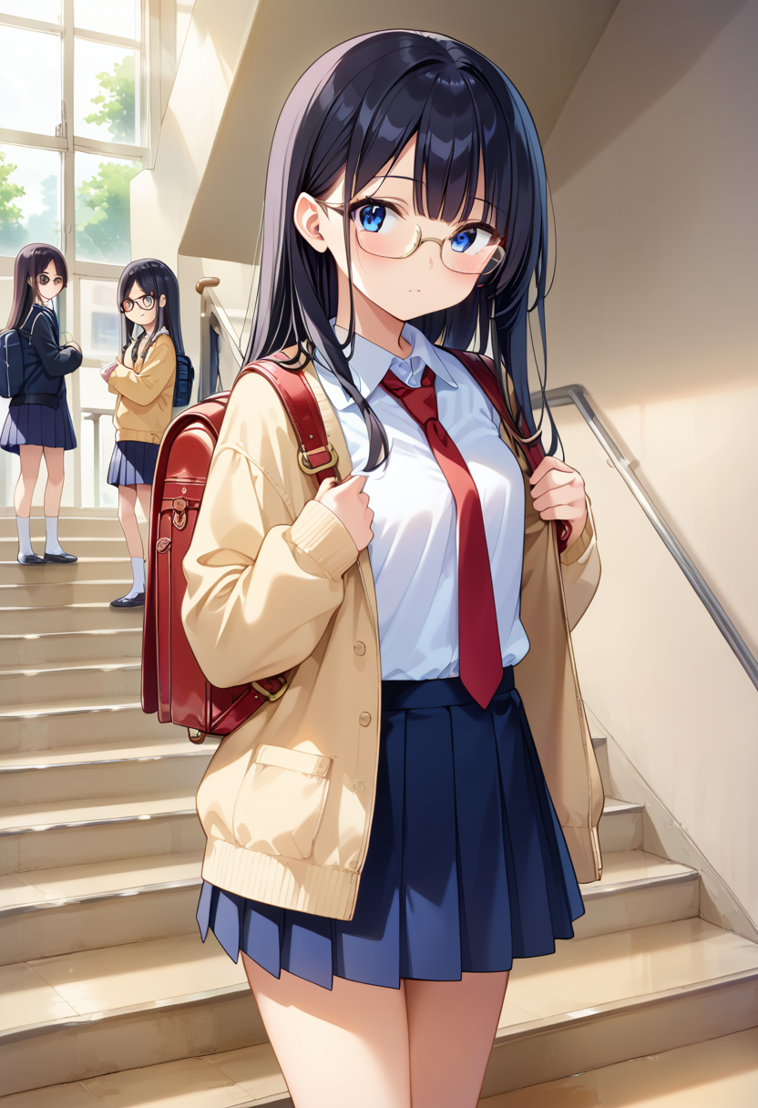 score_9, score_8_up, score_7_up, rating_safe, masterpiece, best quality, absurdres, unity 8k wallpaper, official art, official style, source_anime, uncensored, game cg, megami magazine,
1girl, solo, glasses, black hair, long hair, blue eyes, collared shirt, red necktie, pleated skirt, blue skirt, looking at viewer, blush,
kaidan, black hair, indoors, window, multiple girls, standing, bag, backpack, jacket, long hair, long sleeves, stairs, 
<lora:gakkou_kaidan_PONY_V2:1>