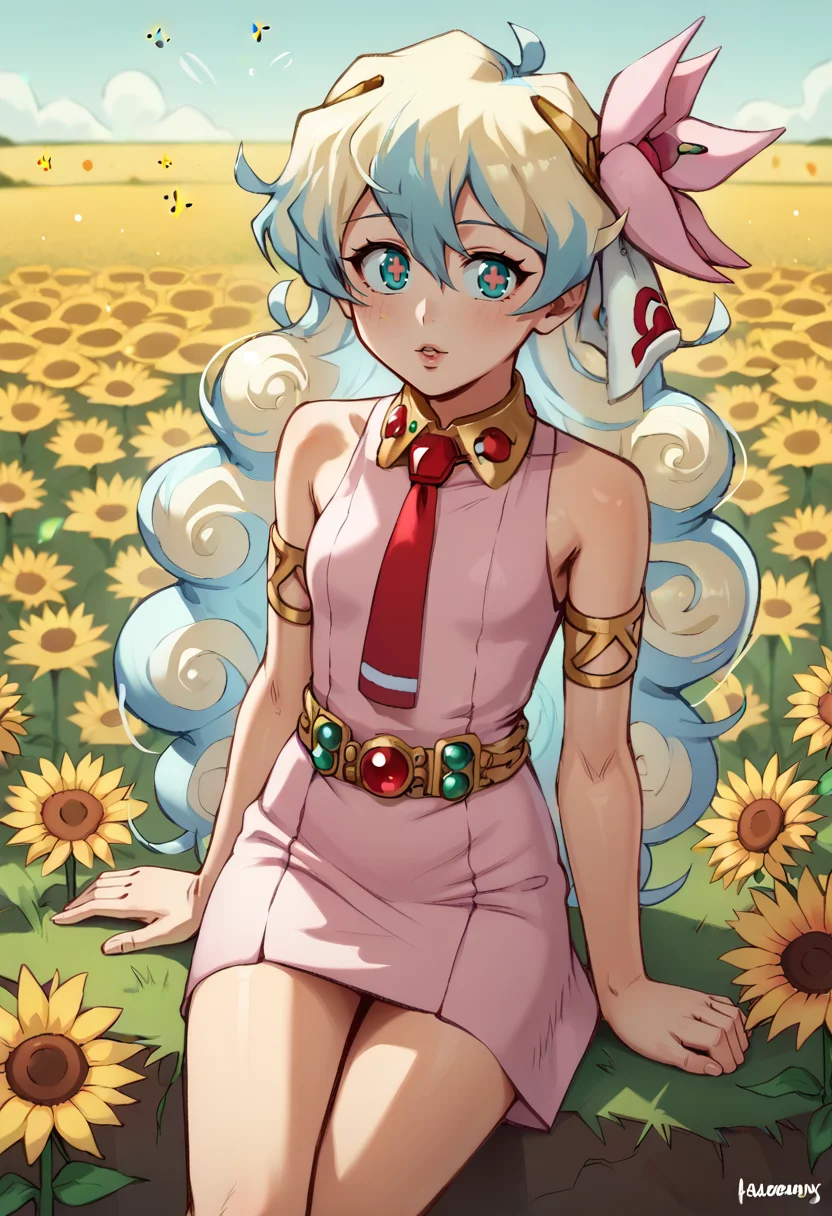 score_9, score_8_up, score_7_up,
beautiful anime eyes, aqua eyes, cross-shaped pupils, symbol-shaped pupils, + +,
blonde hair, long hair, curly hair,multicolored hair, nia teppelin, two-tone hair, hair flower, hair ornament, short hair, curly hair, tengen toppa gurren lagann, <lora:niaTeppelin:0.8>
pink dress, jewelry, pink dress, red necktie, armlet, bare legs,
<lora:PDXL_artist_tags_v2_big:0.7>
sunflower field, bees,
rizdraws, <lora:rizdraws_pony:0.3> <lora:wamudraws_pony:0.2> wamudraws,