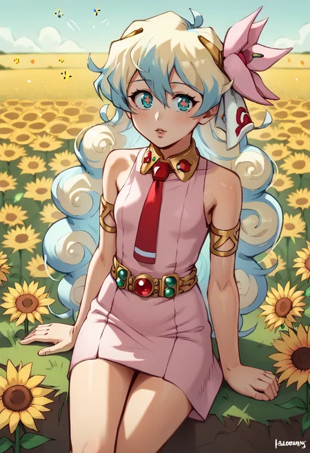 score_9, score_8_up, score_7_up,
beautiful anime eyes, aqua eyes, cross-shaped pupils, symbol-shaped pupils, + +,
blonde hair, long hair, curly hair,multicolored hair, nia teppelin, two-tone hair, hair flower, hair ornament, short hair, curly hair, tengen toppa gurren lagann, <lora:niaTeppelin:0.8>
pink dress, jewelry, pink dress, red necktie, armlet, bare legs,
<lora:PDXL_artist_tags_v2_big:0.7>
sunflower field, bees,
rizdraws, <lora:rizdraws_pony:0.3> <lora:wamudraws_pony:0.2> wamudraws,
