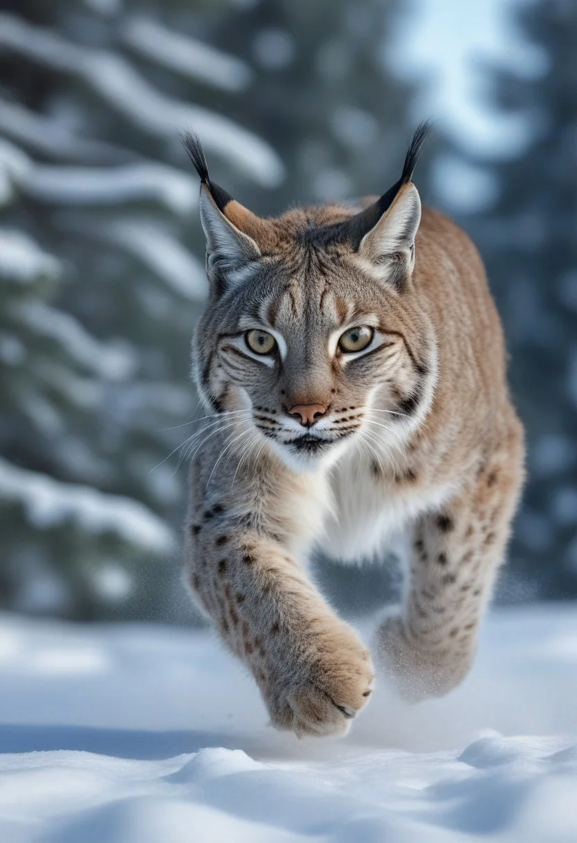very realistic photograph close-up of a head lynx running in the snow, forest background of pine, fir and white spruce and birch, blue sky with cirrus cloud and slightly hidden sun