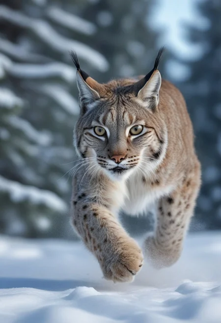 very realistic photograph close-up of a head lynx running in the snow, forest background of pine, fir and white spruce and birch, blue sky with cirrus cloud and slightly hidden sun