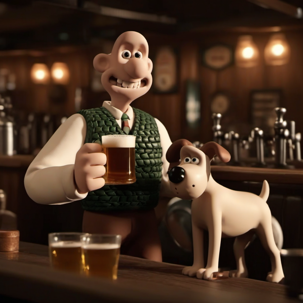 cinematic photo 1boy, bald, solo,  whool vest,  teeth, with a dog,  having a beer in pub <lora:WallaceGromit1024:0.8> . 35mm photograph, film, bokeh, professional, 4k, highly detailed