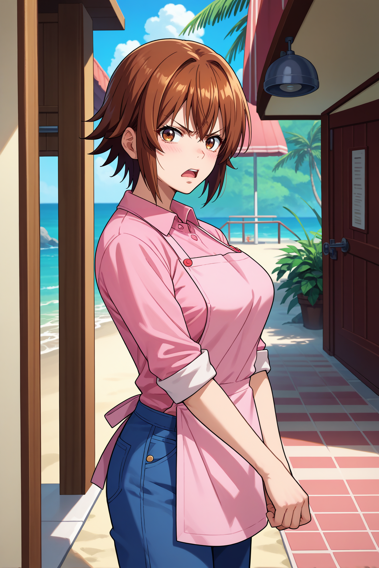 score_9, score_8_up, score_7_up, score_6_up, source_anime, 1girl, solo  <lora:kotegawachisa-pdxl-nvwls-v1-000005:1> gbchisa, brown hair, short hair, brown eyes, (large breasts:0.8), pink apron, pink shirt, sleeves rolled up, collared shirt, standing, doorway, beach, boardwalk, looking at you, blush, open mouth, annoyed, from side