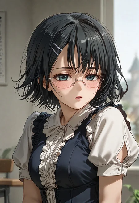 score_9,score_8_up,score_7_up,source_anime,anime screencap,anime coloring,anipai_style,intricate details,inexpressive,1girl,solo,nao_yorihime, an anime girl,  1girl, solo,  short hair, open mouth, black hair, hair ornament, school uniform, short sleeves, glasses, hairclip, ,BLACK DRESS,DETAIL WHITE shirt(center frill),UNDER BUST,corset,short sleeves, puffy sleeves,silk Fabric,half closed eyes,parted lips,open mouth,shy,blush,tcking hair,turning back face,looking_at_viewer,viewer from side,upper body,light and shadows by reij-shdwgms,Expressiveh