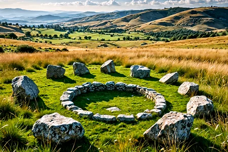 Stable_Yogis_PDXL_Positives,<lora:sdxl_lightning_8step_lora:1>,Capture the mystery of ancient stone circles set in a rugged landscape, surrounded by wild grasses and distant hills, The stones tell a story of history and connection to the earth,âââ