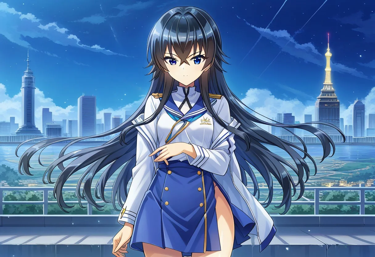 score 9, score 8 up, source anime, masterpiece, best quality, detailed eyes, detailed face, cowboy shot, outdoors, cityscape, night sky,
Otsuki Hagane, blue eyes, black hair, hair between eyes, very long hair, small breasts,