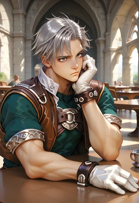 score_9, score_8_up, score_7_up, male focus, toned male, natgra2, gray eyes, short hair, silver hair, steel greaves, plated footwear, brown skirt, black pants, green shirt, brown leather vest, silver belts, white gloves, silver chest plate, indoors, chapel, sitting, table, elbow rest, bored expression
