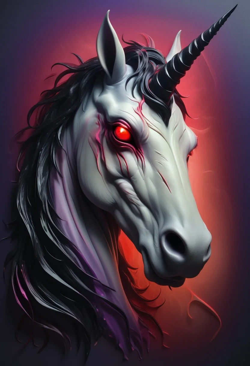 Enigmatic Portrait of a Vampire Unicorn, Abstract Satin Finish, Gradients of Blood Red, Shadowy Violet, and Midnight Black, Horn Glowing with Neon Pink, Fiery Eyes and Misty Shadows, Glossy Coat Reflecting an Eerie Halloween Atmosphere