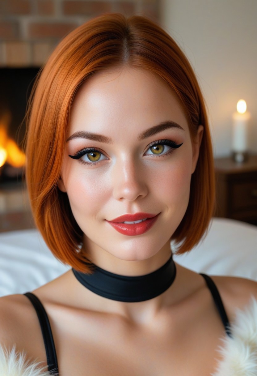 realistic, masterpiece portrait, 1girl, solo, 24yo, 
gorgeous woman needing you to stop playing your PS5, (medium half shot), 
wearing (shiny glossy stockings), poised and inviting, 
she has natural skin, tan skin, 
short ginger center-parted hair, straight bob cut that frames her face beautifully, 
striking, expressive hazel eyes with a warm, inviting gaze, perfect symmetrical eyes, 
dark eyeliner, lipstick, well-defined full lips with a playful smile hinting at mischief and allure,
perky medium breasts, 
[Irish:Irish:Spanish:Italian], high cheek bones, elegant straight nose, slightly pointed chin that adds character to her face, well-groomed, arched eyebrows framing her eyes,  
skin has mild blemishes with a healthy glow, 
background is a cozy bedroom atmosphere that evokes comfort and intimacy, plush bedding, fireplace, dvd cases on fireplace mantle, 
night, back lit subject,
award winning realistic skin rendering, advanced techniques used for anatomically correct renders, hair rendering so advanced it cannot be quantified, AI exceeds previously known abilities to render skin details,
with body measurements of 34-22-34, 
SkinHairDetail, high gradient eyes, skindentation, mix558, detailed eyes, bottomless pantyhose