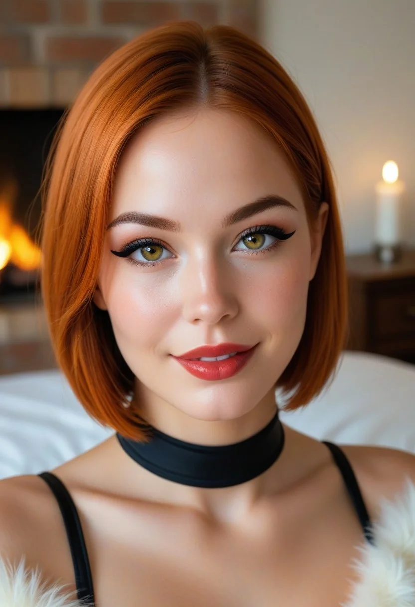 realistic, masterpiece portrait, 1girl, solo, 24yo, 
gorgeous woman needing you to stop playing your PS5, (medium half shot), 
wearing (shiny glossy stockings), poised and inviting, 
she has natural skin, tan skin, 
short ginger center-parted hair, straight bob cut that frames her face beautifully, 
striking, expressive hazel eyes with a warm, inviting gaze, perfect symmetrical eyes, 
dark eyeliner, lipstick, well-defined full lips with a playful smile hinting at mischief and allure,
perky medium breasts, 
[Irish:Irish:Spanish:Italian], high cheek bones, elegant straight nose, slightly pointed chin that adds character to her face, well-groomed, arched eyebrows framing her eyes,  
skin has mild blemishes with a healthy glow, 
background is a cozy bedroom atmosphere that evokes comfort and intimacy, plush bedding, fireplace, dvd cases on fireplace mantle, 
night, back lit subject,
award winning realistic skin rendering, advanced techniques used for anatomically correct renders, hair rendering so advanced it cannot be quantified, AI exceeds previously known abilities to render skin details,
with body measurements of 34-22-34, 
SkinHairDetail, high gradient eyes, skindentation, mix558, detailed eyes, bottomless pantyhose