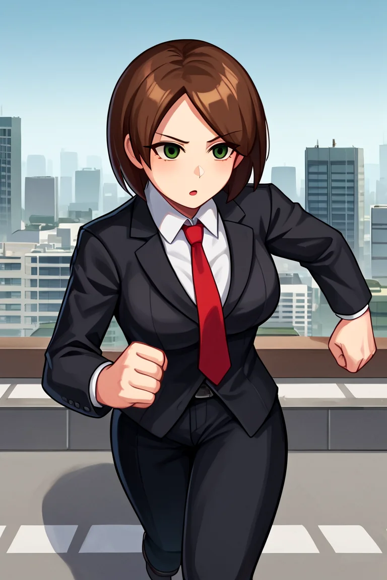(Score_9,score_8_up,score_7_up, embedding:deep negative pony, beautiful face:0.8), BREAK 1girl, solo, sbmiigunneru, no sclera, green eyes, brown hair, parted bangs, medium hair, curvy, Black suit jacket, Suit, necktie, pant suit, cowboy shot, oxfords, one leg up, rooftop, city skyline, serious, running, (three quarter view:1.2), (from above:0.7), looking at another,