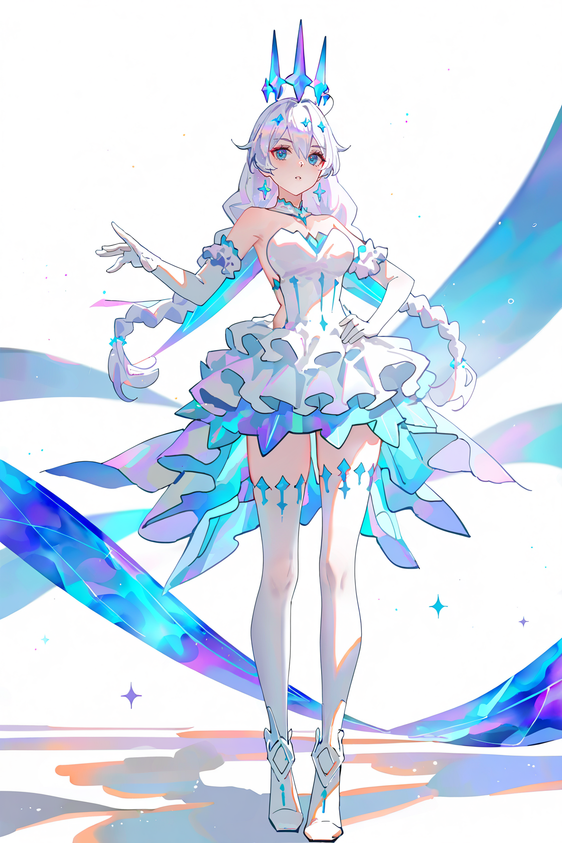 8k, best quality, masterpiece, (ultra-detailed), (high detailed skin), 
((artist:reoen),(artist:fuzichoco),(artist:atdan),(artist:torino_aqua),year 2024:0.8)1girl, [artist:wlop], [artist:ningen_mame], artist:ciloranko, [[artist:rhasta]], artist:tidsean, colorful, detailed light, light leaks, sunlight, bokeh, blurry foreground, ray tracing, lens flare, cinematic lighting, 
full body, full shot, standing, looking at viewer, (solo:1.2), simple background, (white background:1.2), hand on own hip, (white background:1.1), 
<lora:kiana-young-noob-Tanger:0.7>, 
kiana kaslana, dongzhi, dongzhi,dongzhi dress, 5th clothes, 1girl, blue eyes, gloves, white thighhighs, dress, long hair, elbow gloves, white hair, crystal crown, bare shoulders, bangs
A full-body portrait of a young girl, standing gracefully, pastel art style, high-key lighting, shoujo manga influence, hd quality, delicate details,