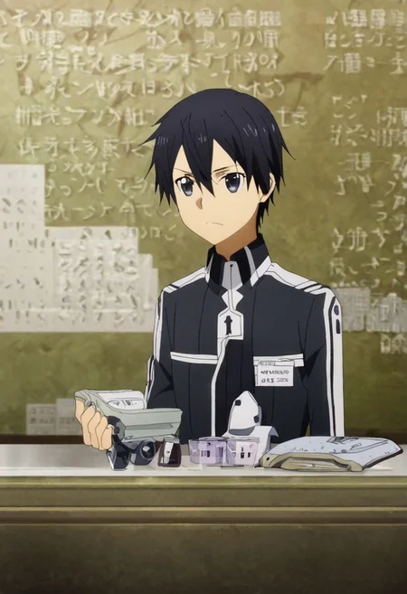 high resolution, solo, best quality, 1Boy, Kazuto Kirigaya, Black Hair, Black Eyes, brand ambassador, brochure design, OverallDetail