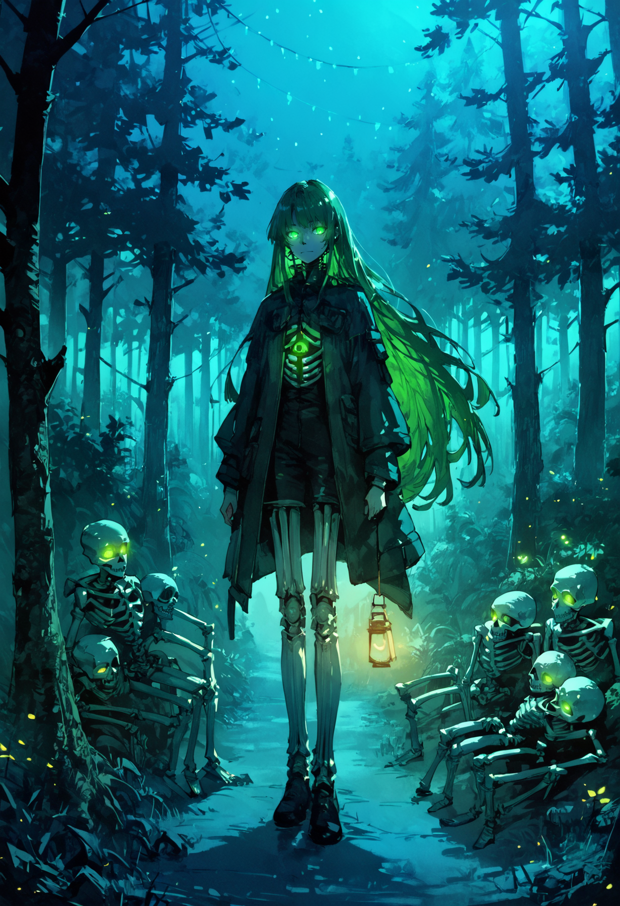 score_9, score_8_up, score_7_up, forest, night, lamp,
((skeleton)), green  eyes, holding lamp, full body, long hair, sceleton legs,glowing eyes,
<lora:Expressive_H:0.3>,  <lora:Xenotrip_v.2:0.3>, <lora:dino:0.4>, <lora:hellsing_ultimate_style:0.6>, <lora:LowKeyLightsPony:0.4>, lowkeylights, <lora:Black_souls_style:0.8>,