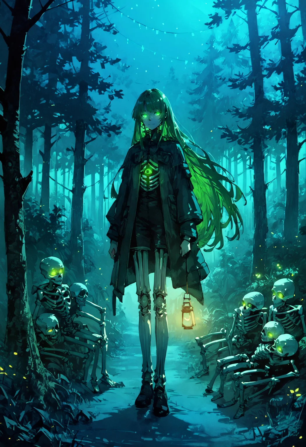 score_9, score_8_up, score_7_up, forest, night, lamp,
((skeleton)), green  eyes, holding lamp, full body, long hair, sceleton legs,glowing eyes,
<lora:Expressive_H:0.3>,  <lora:Xenotrip_v.2:0.3>, <lora:dino:0.4>, <lora:hellsing_ultimate_style:0.6>, <lora:LowKeyLightsPony:0.4>, lowkeylights, <lora:Black_souls_style:0.8>,