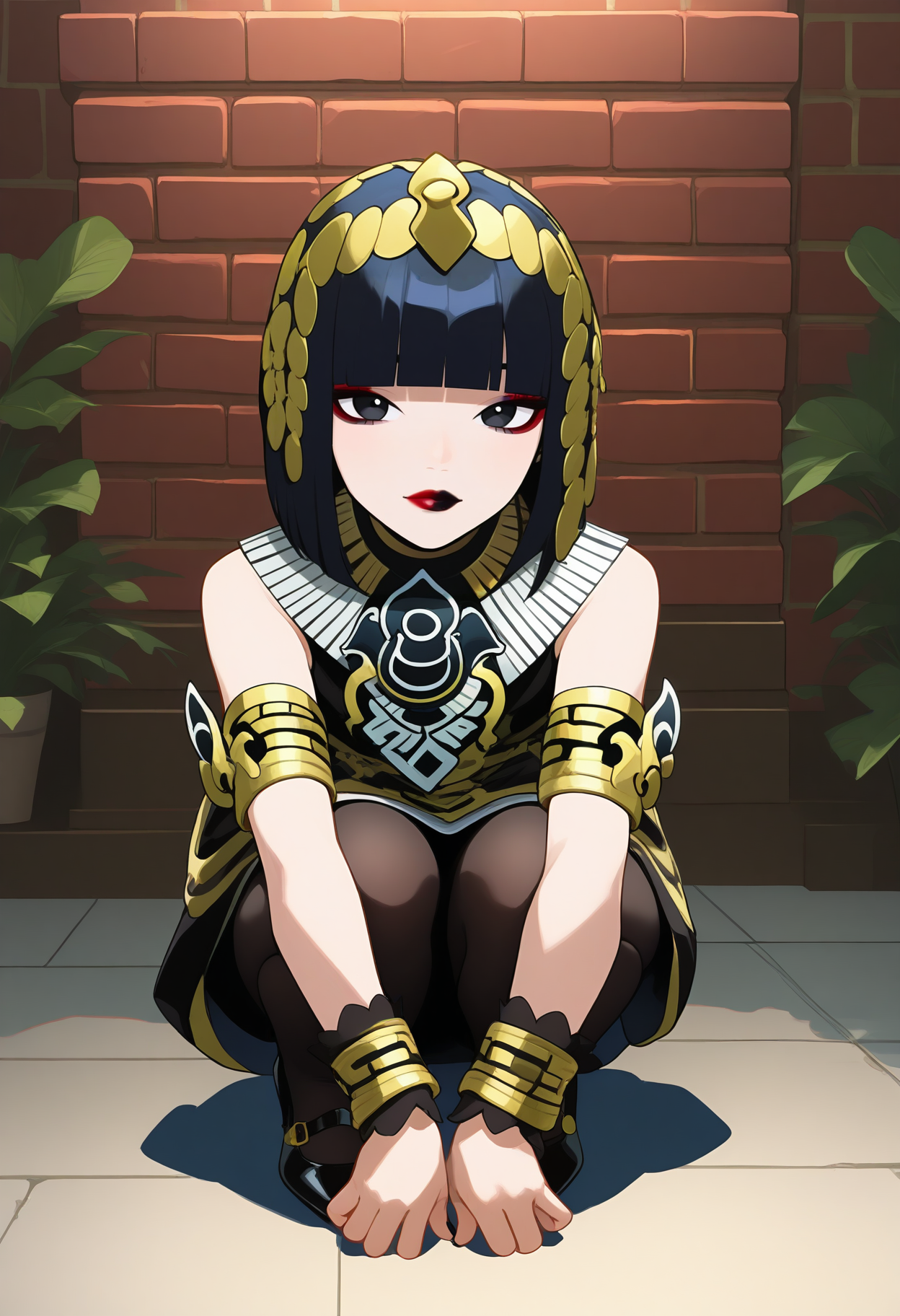 best hands, 5 fingers, <lora:Atropos_IL1.1:1>looking at viewer, No expression, squatting, 
Atropos, 1girl, solo, black short hair, blunt bangs, black eyes, Red and black lips, makeup, jewelry,
necklace, black sleeveless dress, bracelet, armlet, egyptian, black pantyhose, Black Pumps
Illustration, 
BREAK indoors, brick wall, shadow,