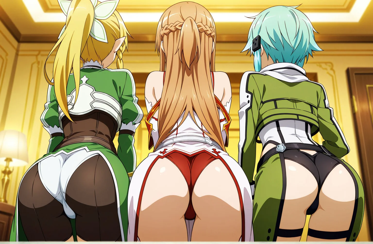 masterpiece, best quality, newest, absurdres, highres, detailed eyes, beautiful, detailed background, perfect eyes, anime coloring, anime screencap,
<lora:multiple_ass:1>Multiple_Asses_V1 ,
ass, (3girls:1.4),line up,
from behind,standing,
multiple girls, ass focus,
love hotel,
BREAK
sword art online, official art,
asuna \(sao\),
sinon, green hair,
leafa \(sao\),
