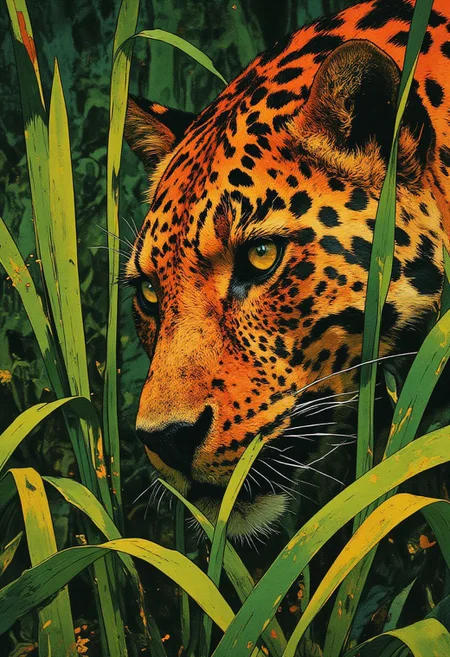8K, ultra high-resolution wildlife photo, Nikon D850, 500mm f/4 lens, shallow depth of field, soft natural lighting, full detail — close-up of a leopard’s face, partially obscured by tall, vivid green grass, shot from a low angle. The leopard’s intense, golden-yellow eyes pierce through the blades, commanding focus. Its fur is rich golden-yellow with sharply defined black rosettes and spots, rendered in exquisite texture that captures the sleekness and detail of each strand. The black nose pad and visible white whiskers add realism and depth. The long, slender grass blades frame the leopard’s head naturally, enhancing the sense of concealment and tension. The background falls into a soft blur, drawing full attention to the leopard’s face and the interaction between predator and environment. The natural light brings out warm fur tones and vibrant greens, emphasizing the contrast between camouflage and visibility. The composition is intimate and immersive, showcasing the silent alertness of the animal in its wild domain.