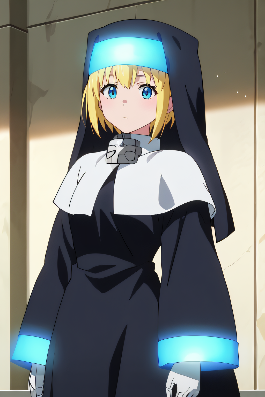 score_9, score_8_up, score_7_up, source_anime, rating_safe, intricate details, anime screencap, official style, 1girl, solo, <lora:Sister_Iris:1>, iris, blonde hair, blue eyes, short hair, nun, black habit, armored shoulders, long sleeves, white gloves, wide sleeves, glowing cuffs, looking at viewer, outdoor, cowboy shot
