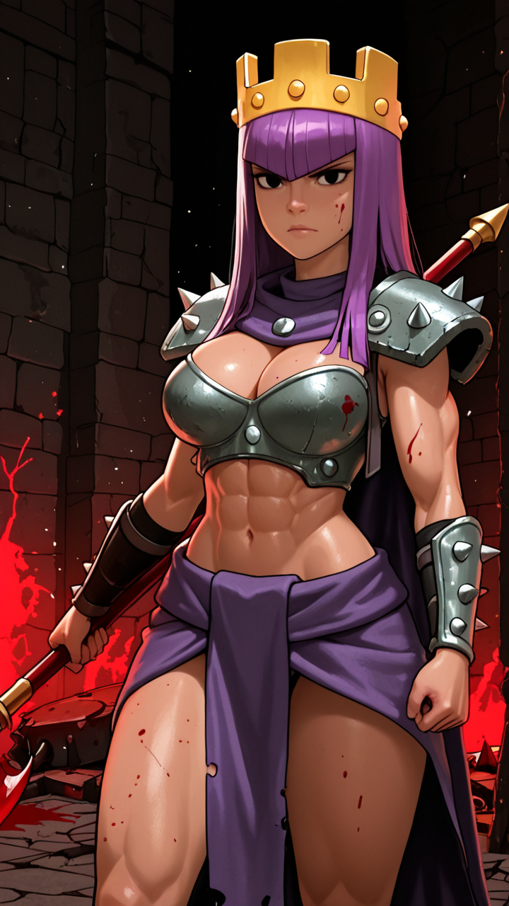 masterpiece, best quality, cinematic lighting, 1girl, single, long hair, large breasts, bangs, purple hair, blunt bangs, black eyes, crown, BREAK, , holds an oversized magic spear with a long stylized red blade, blood splattered and dripping, spiked video game armor, long wild silver hair, glowing red eyes, slender slender in lean toned form, very muscular. Break In the background is a battlefield with tanks