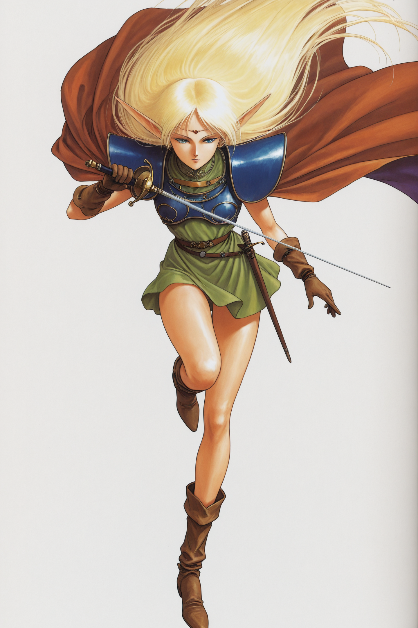 1girl,Deedlit,pointy ears,solo,long hair,blonde hair,elf,cape,armor,gloves,boots,rapier,retro artstyle,fantasy,1990s (style),white background,leg up,
<lora:Yutaka Izubuchi_illustriousXL:1>,
