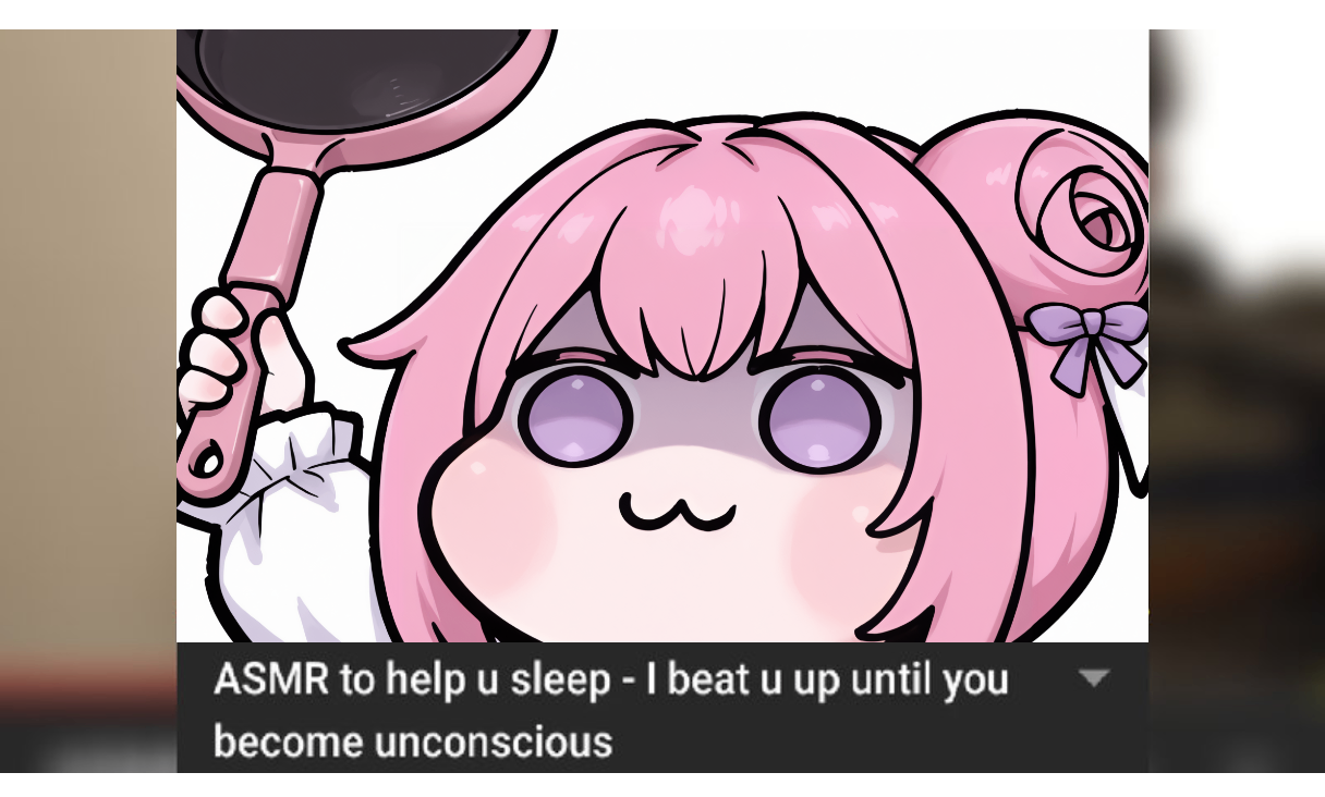 holding frying pan, arm up, from below, white background,  <lora:doro_xypher_ixl_v1:0.9> doro, :3, chibi, no pupils, solid circle eyes, upper body, white skin, dorothy \(nikke\), pink hair, single side bun, hair bow, purple ribbon, shaded face, close-up,  <lora:asmr_beating-08-NOOB-EPS1.1:1>